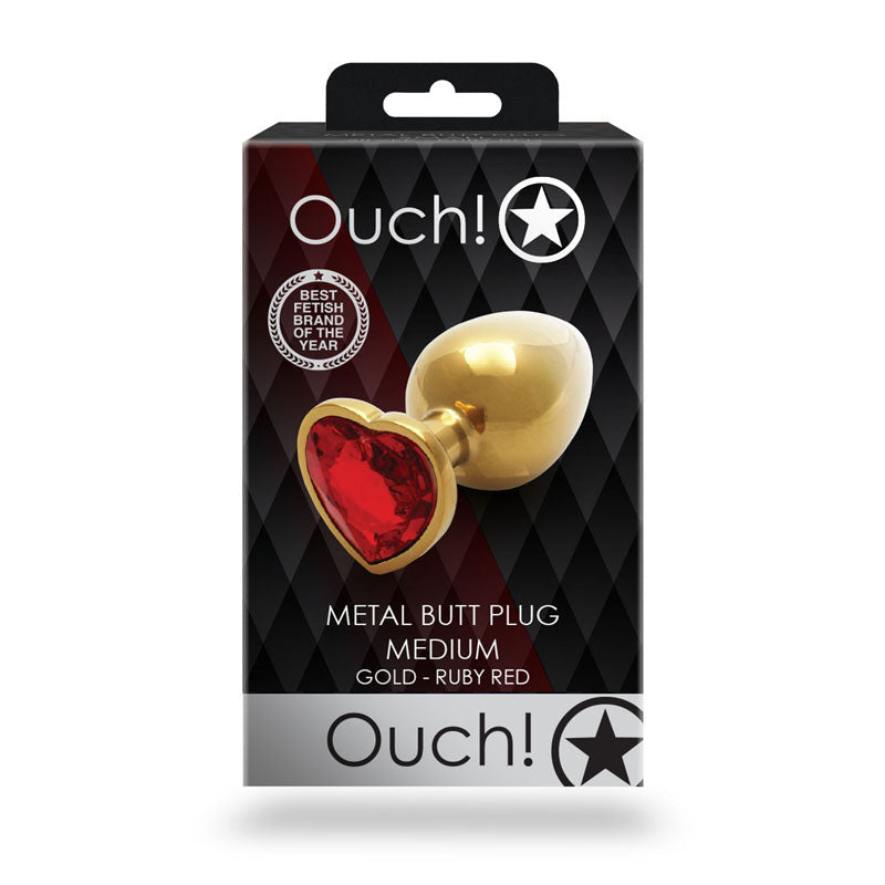 OUCH! METAL BUTT PLUG MEDIUM-GOLD RUIBY RED